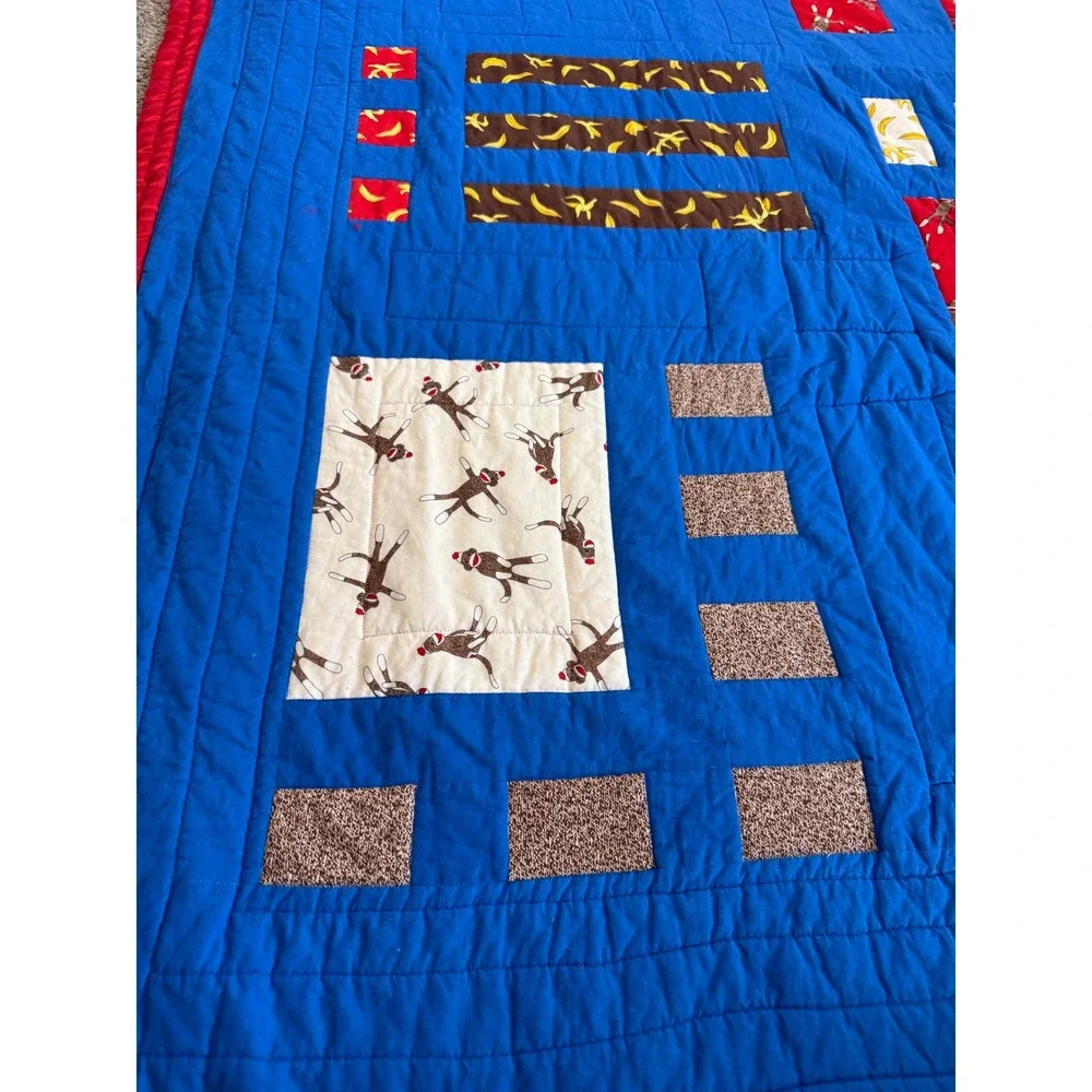Large Handmade Sock Monkey Patchwork Quilt Blue Red Banana Theme Throw Blanket